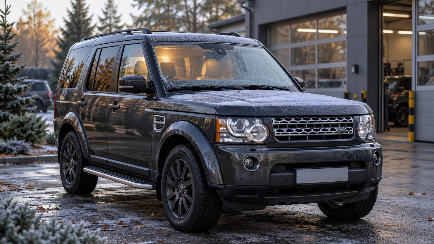 ИИ-иллюстрация: Land Rover Discovery 4 в холодное утро у сервисного здания