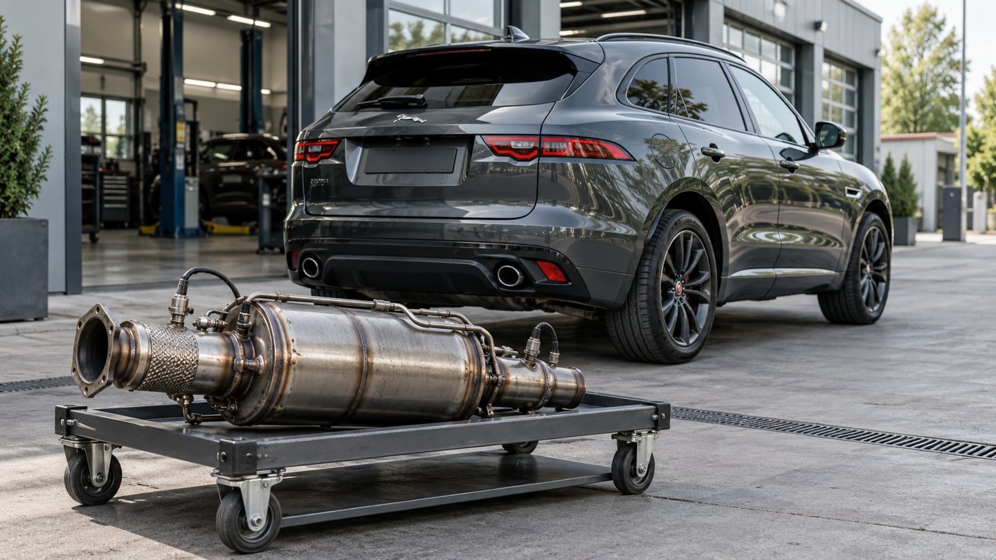 ИИ-иллюстрация: Jaguar F-Pace и условный элемент системы очистки выхлопа на сервисной тележке
