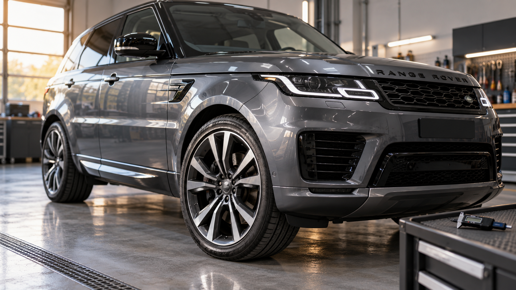ИИ-иллюстрация: серый Range Rover Sport в сервисной зоне, переднее колесо